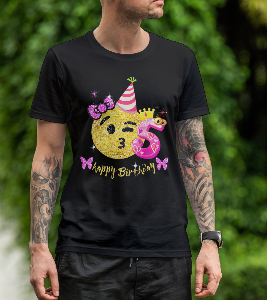 Happy Birthday Five Years Emoji Glitter T-Shirt