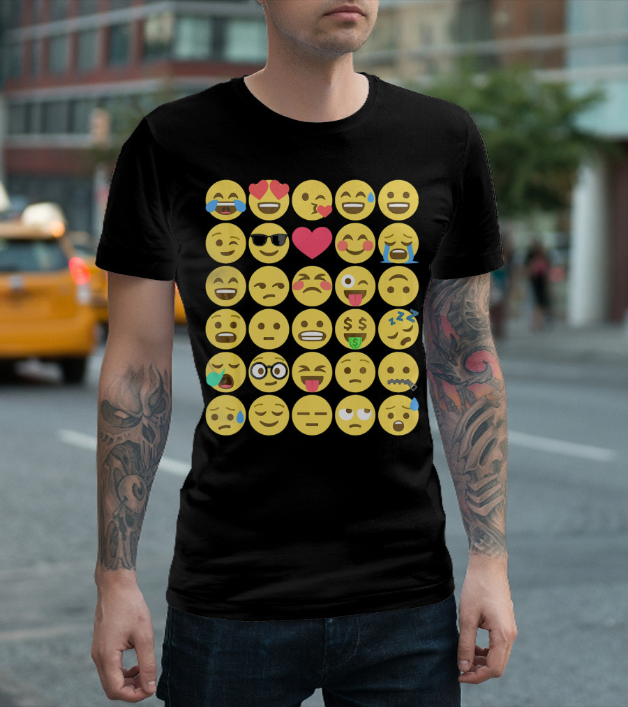 Emoji Emoticons Smiley Faces Heart Sunglasses Laughing Crying Stack T-Shirt