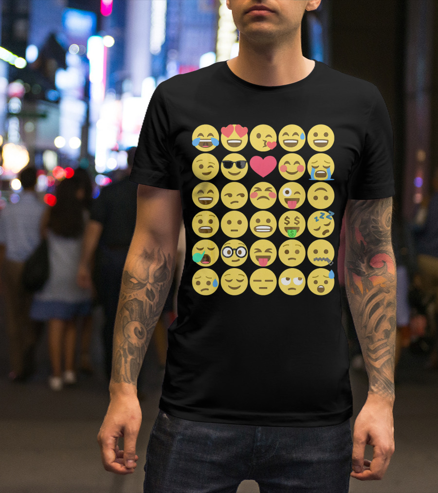 Emoji Emoticons Smiley Faces Heart Sunglasses Laughing Crying Stack T-Shirt