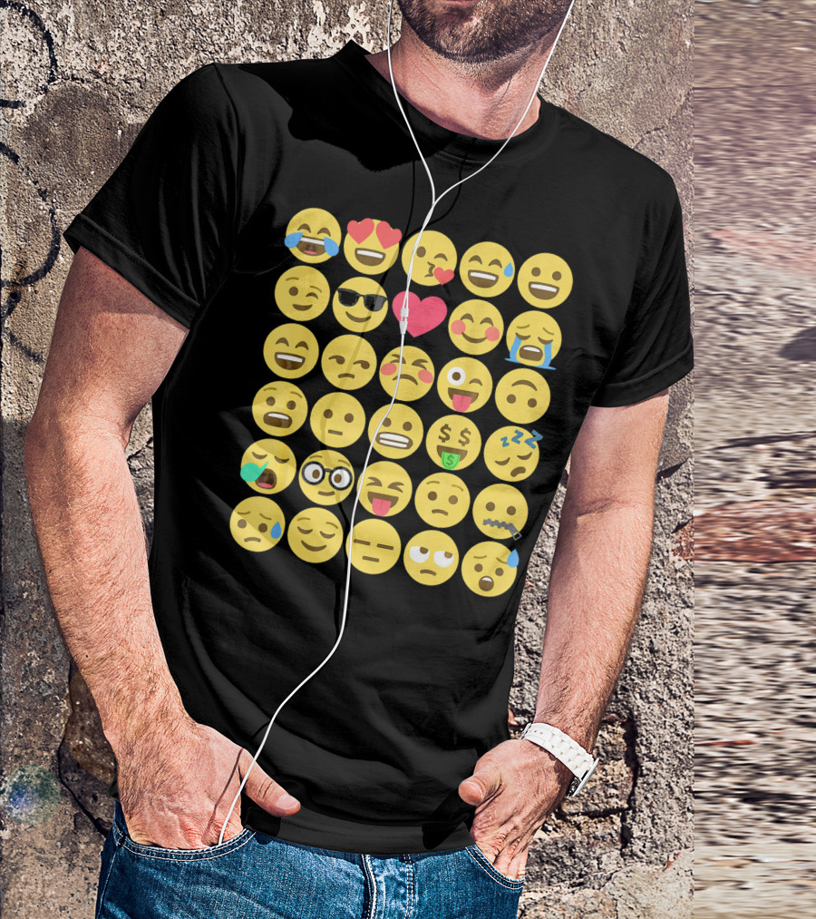 Emoji Emoticons Smiley Faces Heart Sunglasses Laughing Crying Stack T-Shirt