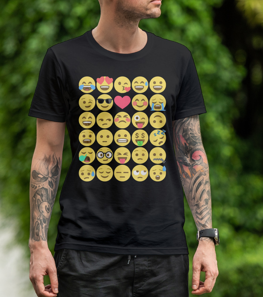 Emoji Emoticons Smiley Faces Heart Sunglasses Laughing Crying Stack T-Shirt