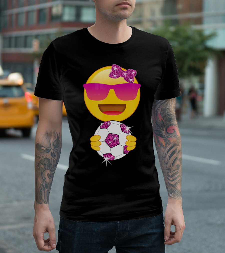 Cute Emoji with Sunglasses Holding a Sparkling Soccer Ball and Glitter Bow T-Shirt