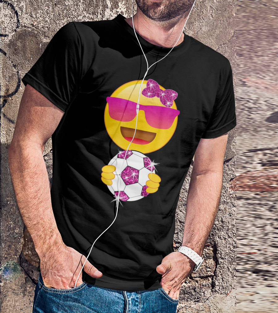 Cute Emoji With Sunglasses Holding A Sparkling Soccer Ball And Glitter Bow T-Shirt