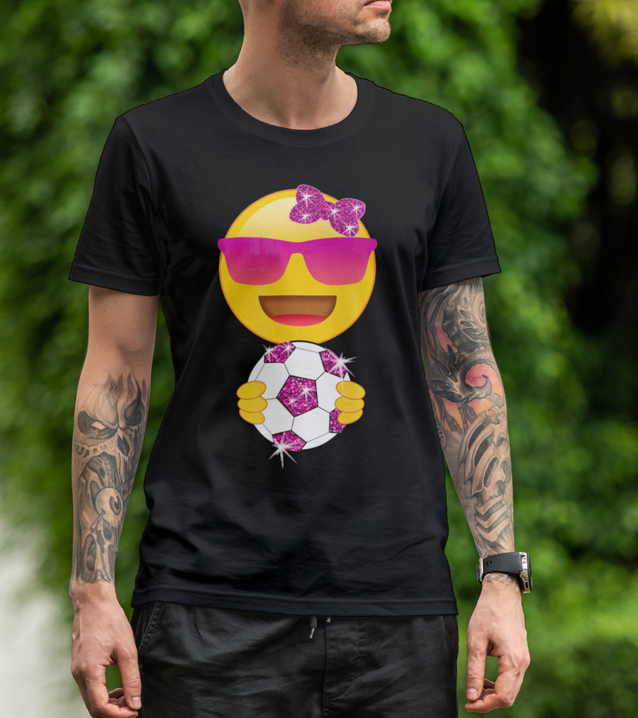 Cute Emoji With Sunglasses Holding A Sparkling Soccer Ball And Glitter Bow T-Shirt