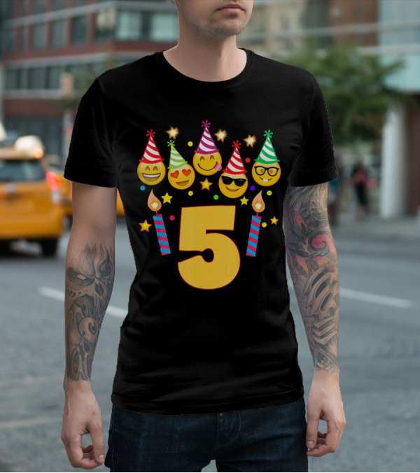 Five Year Old Birthday With Party Emoji Faces And Candles T-Shirt