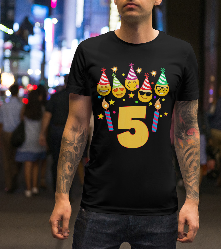 Five Year Old Birthday With Party Emoji Faces And Candles T-Shirt