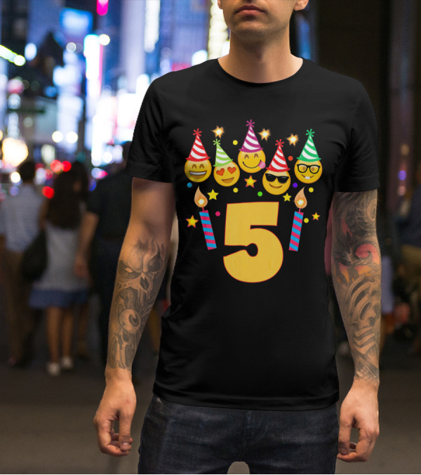 Five Year Old Birthday With Party Emoji Faces And Candles T-Shirt