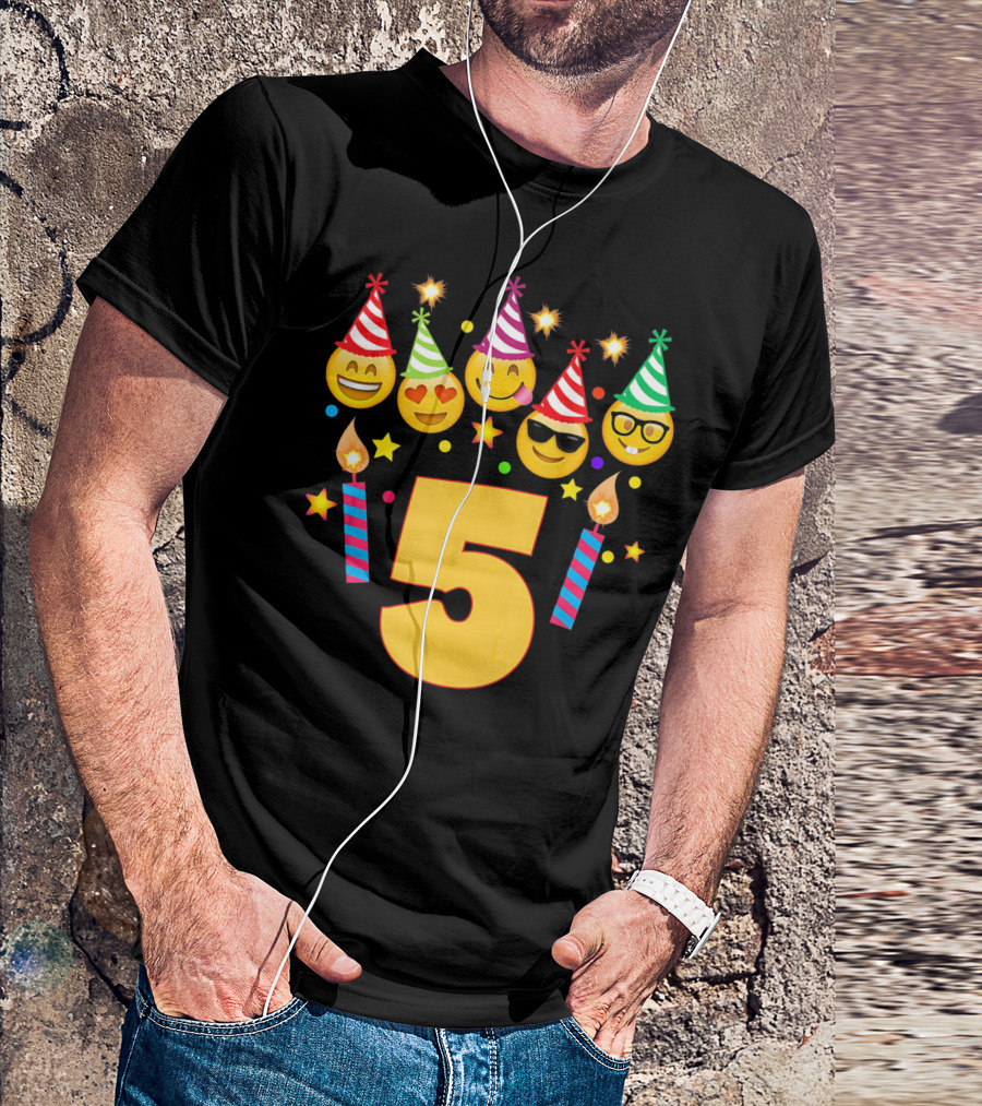 Five Year Old Birthday With Party Emoji Faces And Candles T-Shirt