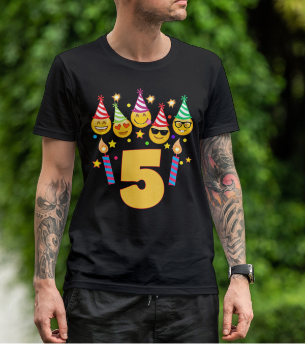 Five Year Old Birthday With Party Emoji Faces And Candles T-Shirt