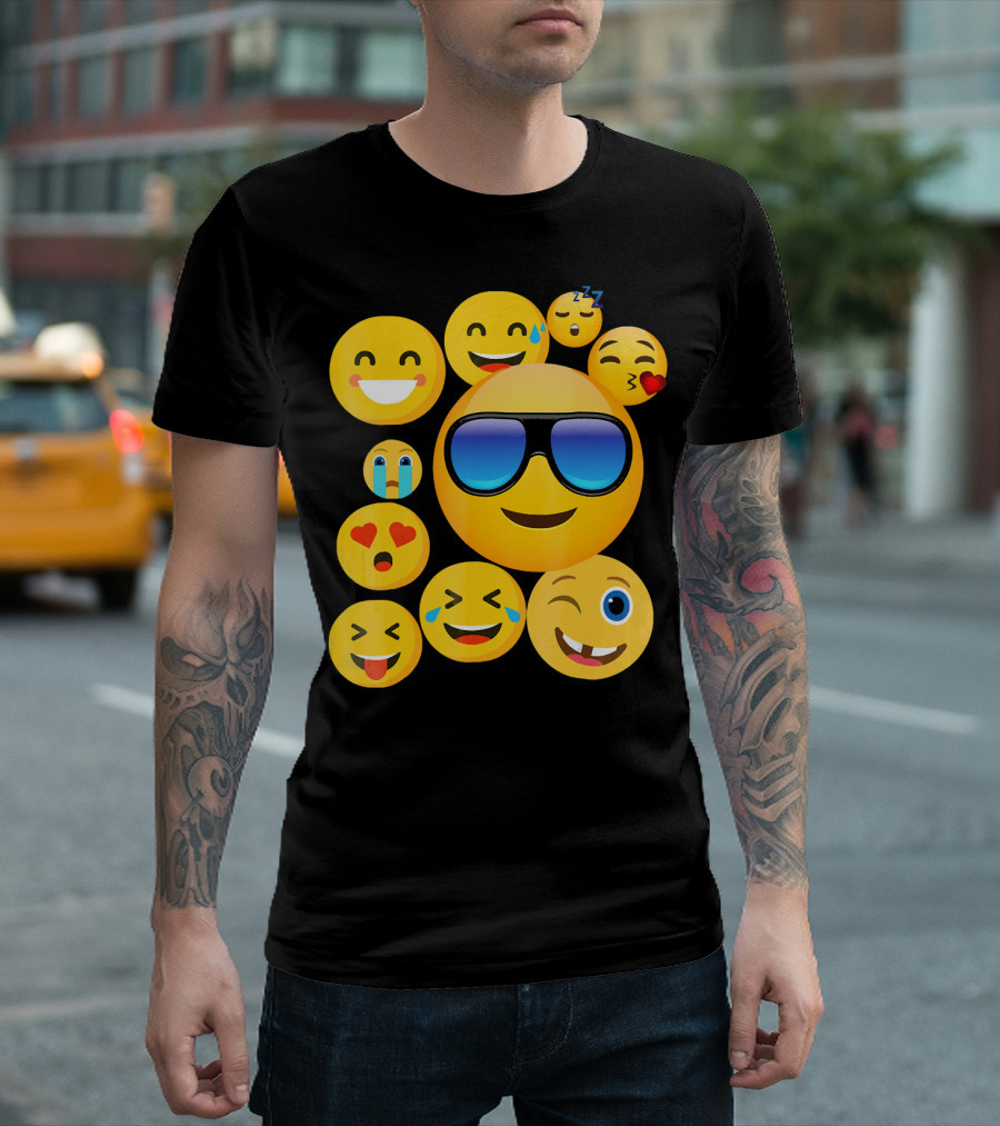 Emoji Wear Cool Smiley Faces with Sunglasses and Cute Emoticon Expressions T-Shirt