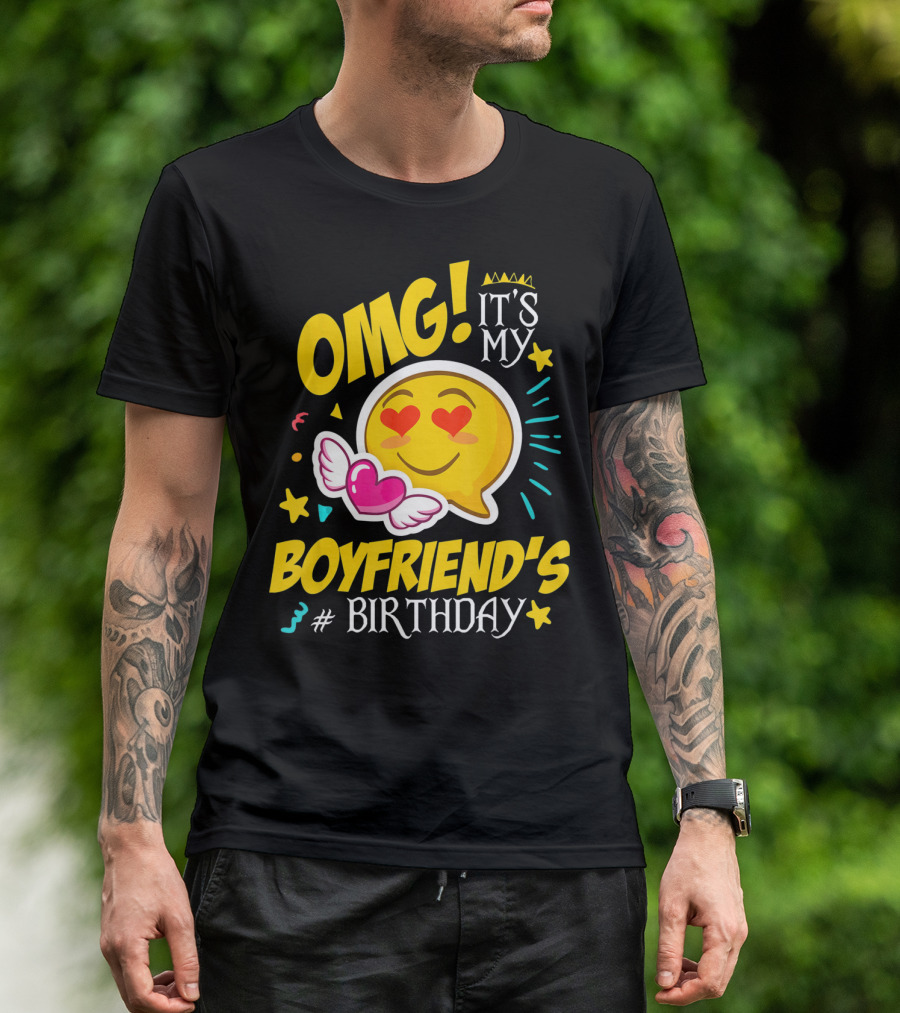 OMG It's My Boyfriend's Birthday Cool Emo Emoji Hearts Wings T-Shirt