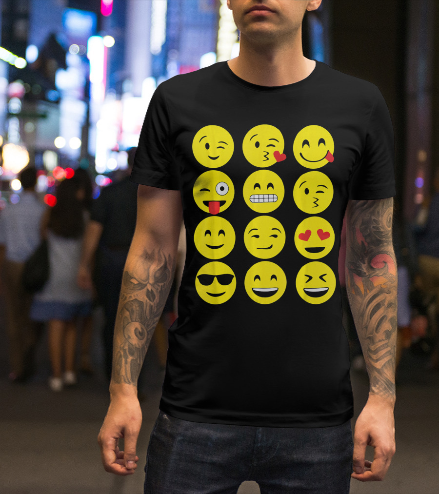 Emojis Funny Emoji Yellow Face Winking Smiling Heart Eyes Sunglasses Expression T-Shirt