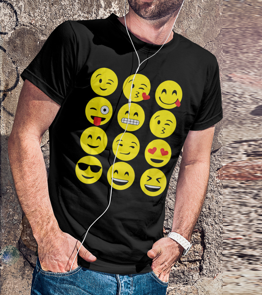 Emojis Funny Emoji Yellow Face Winking Smiling Heart Eyes Sunglasses Expression T-Shirt