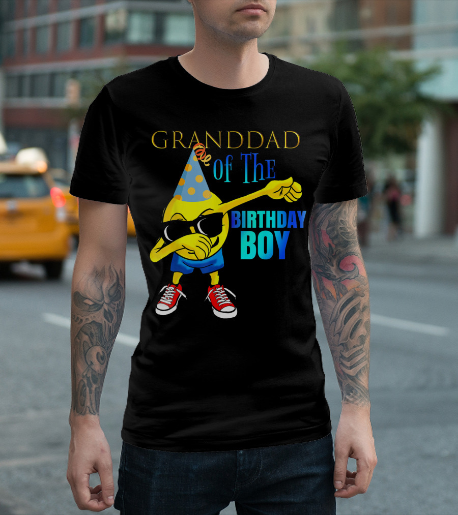Granddad of the Birthday Boy Dabbing Emoji Party Hat Sunglasses Celebrations T-Shirt