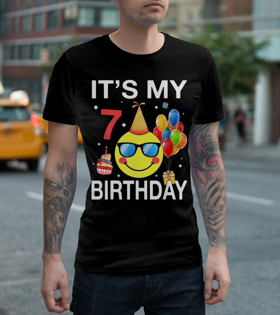 IT'S MY 7 BIRTHDAY Emoji Party Hat Sunglasses Balloons Cake T-Shirt