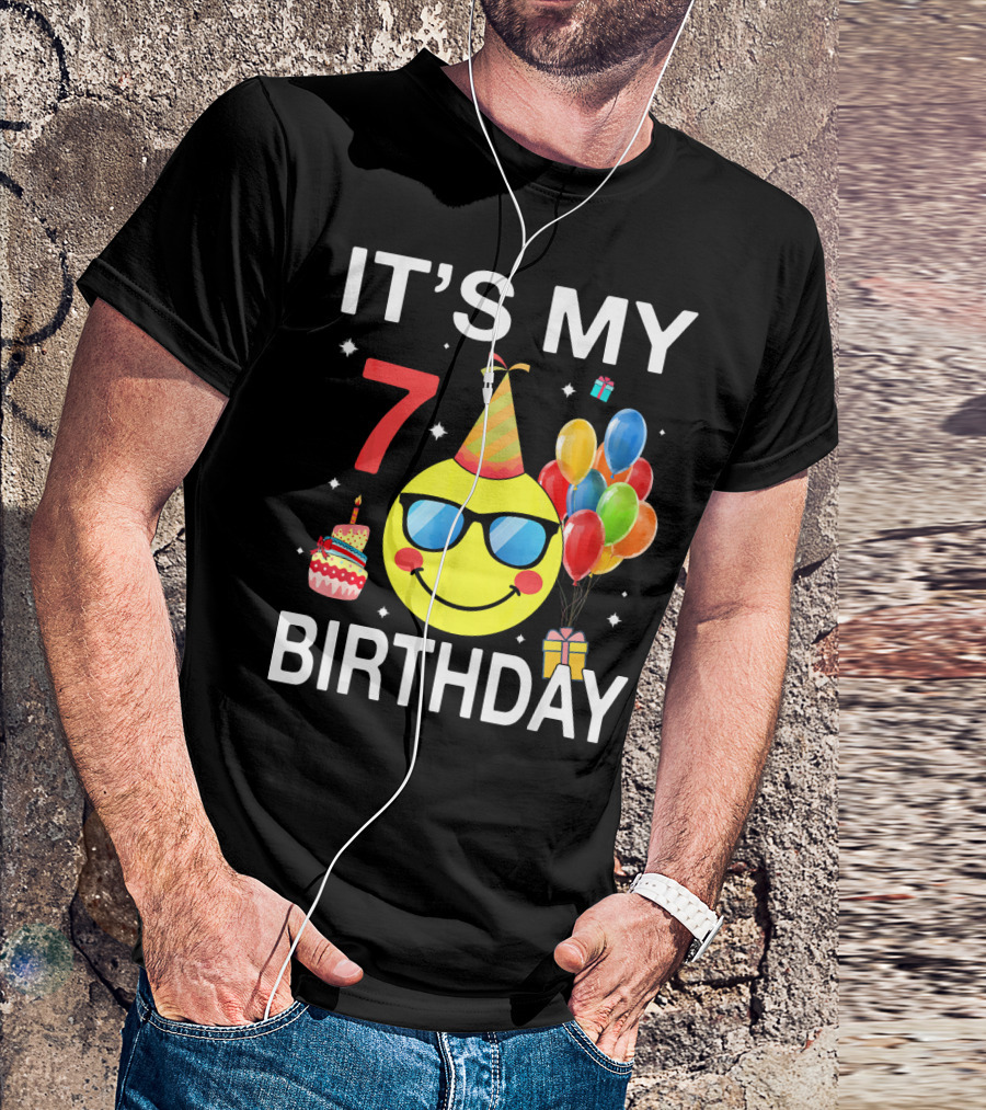 IT'S MY 7 BIRTHDAY Emoji Party Hat Sunglasses Balloons Cake T-Shirt