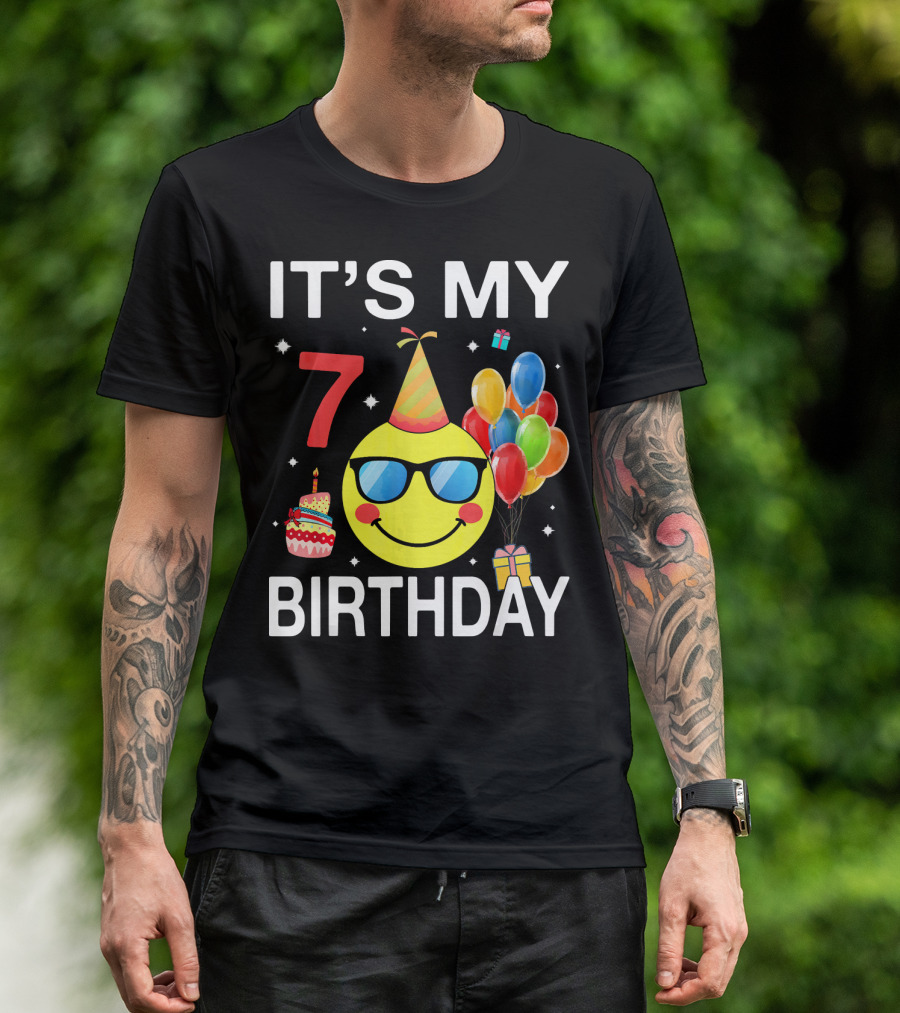 IT'S MY 7 BIRTHDAY Emoji Party Hat Sunglasses Balloons Cake T-Shirt