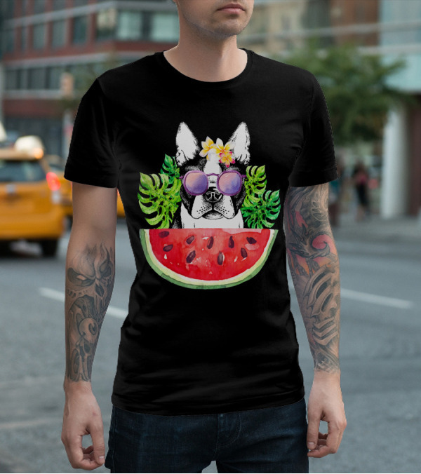 Funny Boston Terrier Love Summer Watermelon Sunglasses Tropical Vibes T-Shirt