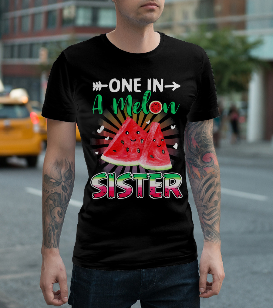 One In A Melon Sister Funny Watermelon With Smiling Slices And Hearts T-Shirt