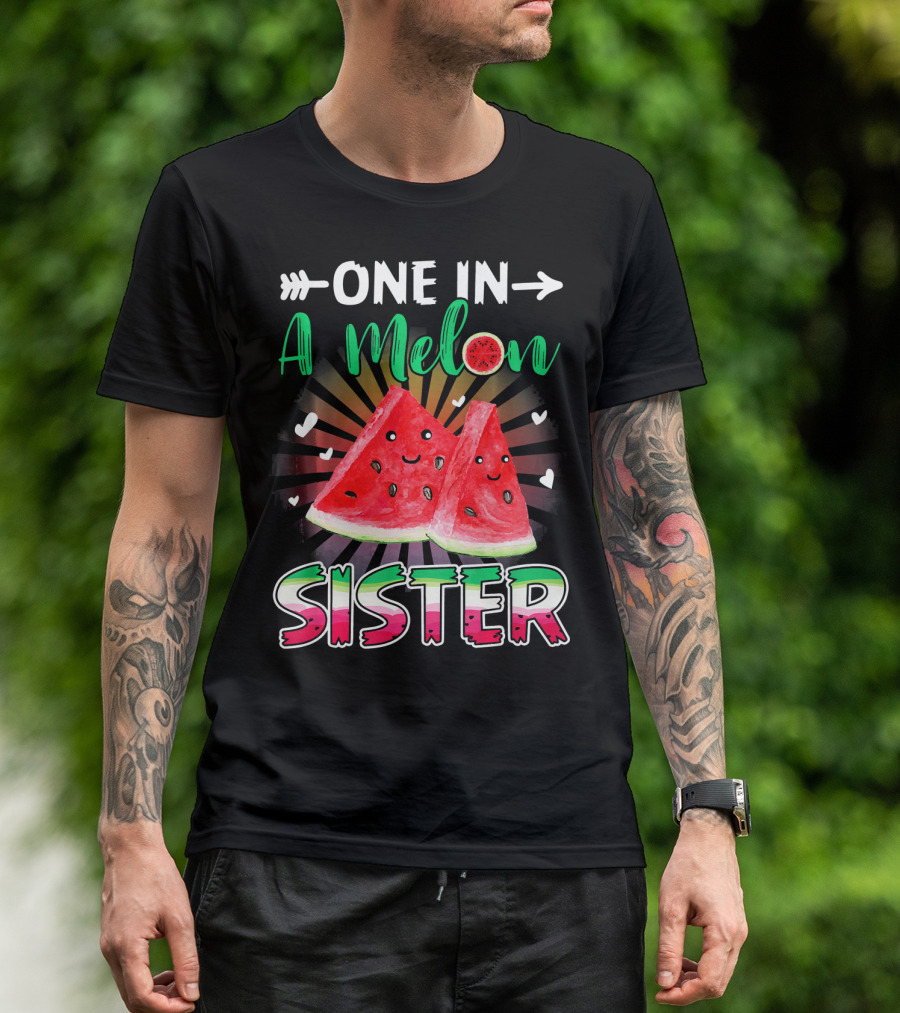 One In A Melon Sister Funny Watermelon With Smiling Slices And Hearts T-Shirt
