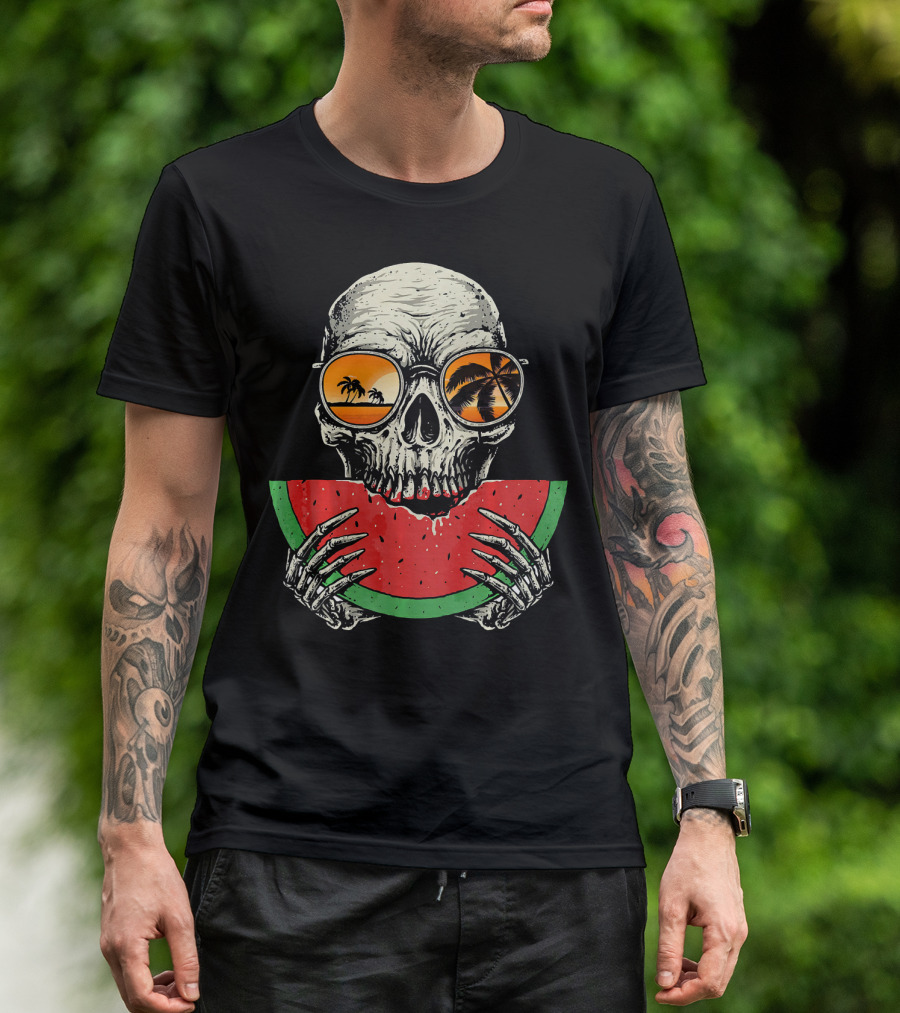 Watermelon Skull Wearing Summer Glasses With Beach Reflections T-Shirt