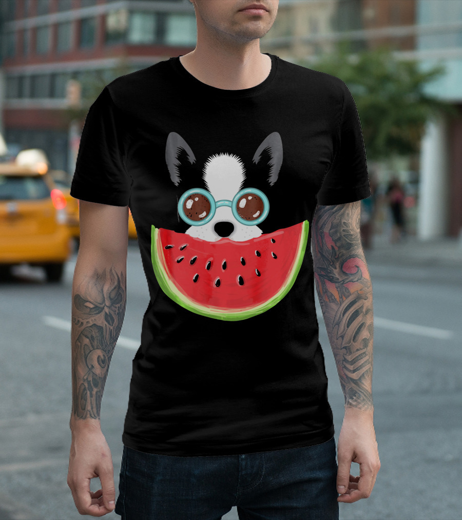 Watermelon Love Funny Boston Terrier with Sunglasses T-Shirt