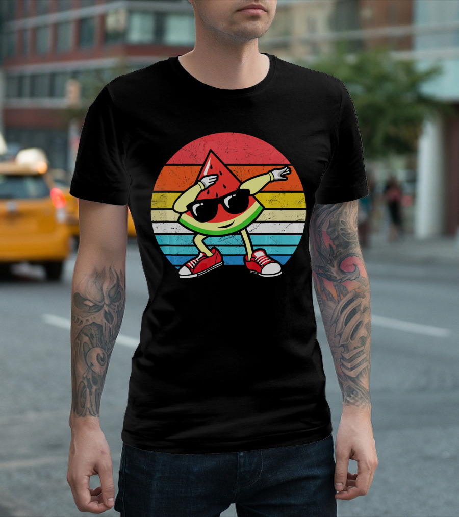 Dabbing Watermelon Vintage Summer Retro Sunset Stripes T-Shirt