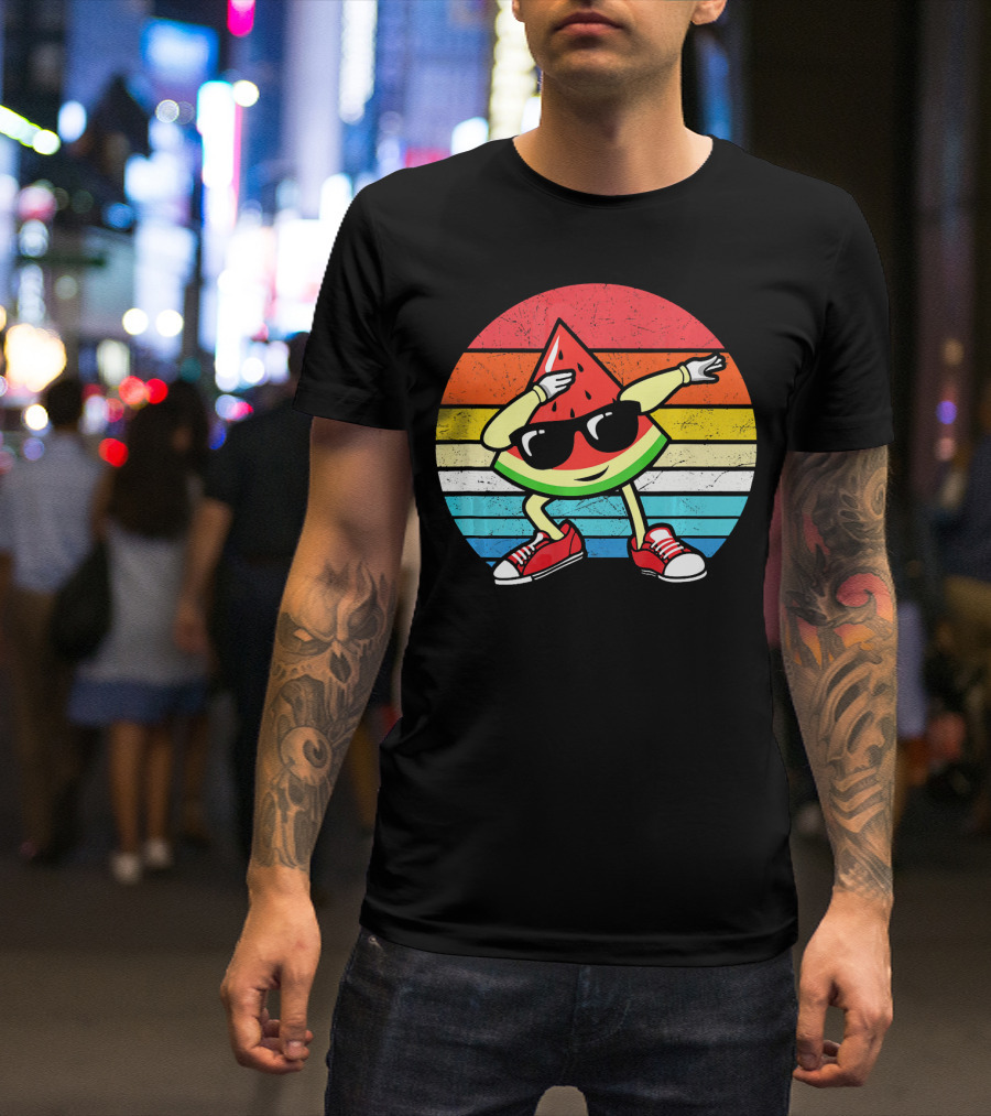 Dabbing Watermelon Vintage Summer Retro Sunset Stripes T-Shirt