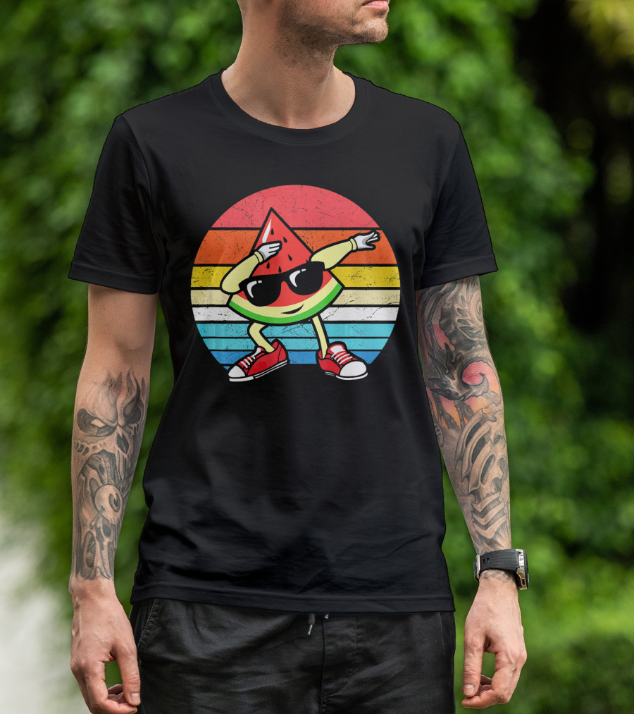 Dabbing Watermelon Vintage Summer Retro Sunset Stripes T-Shirt