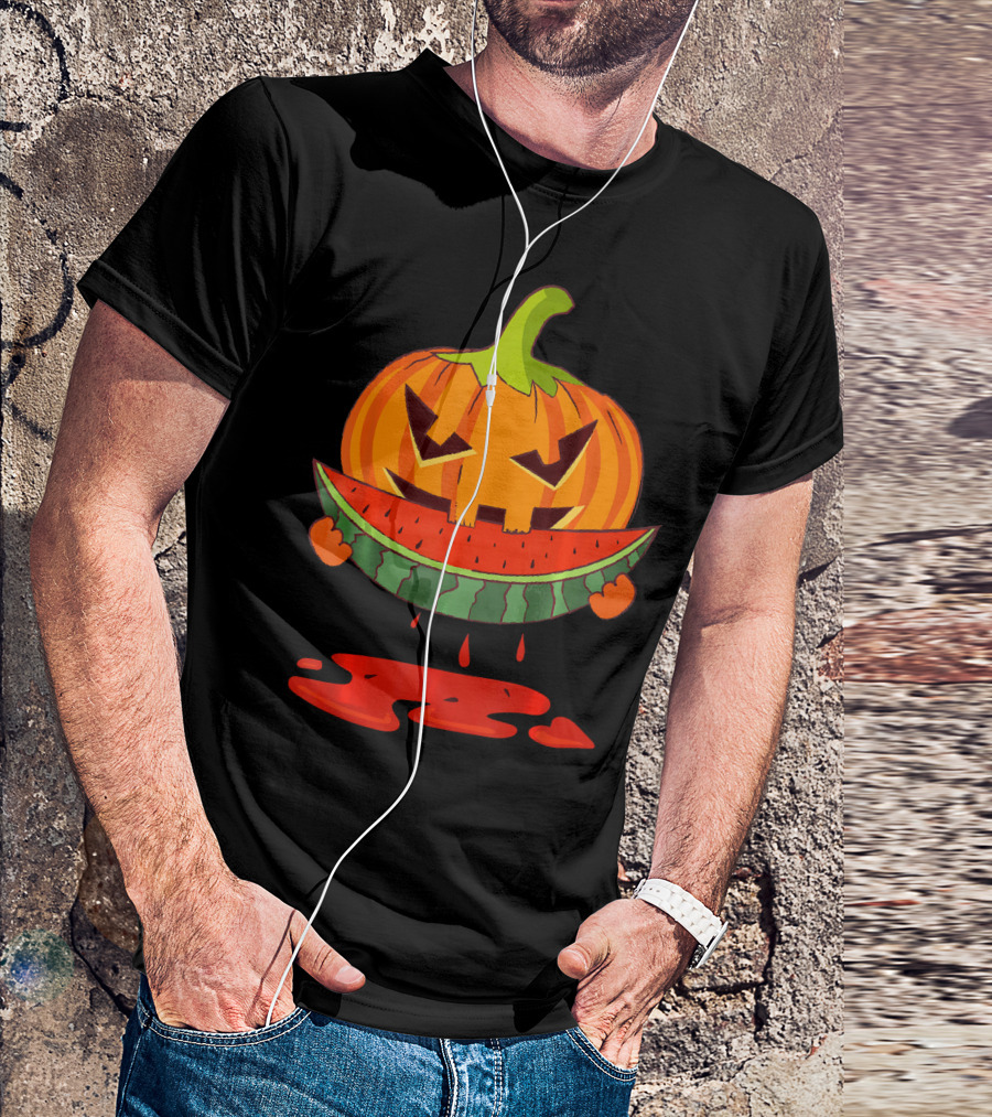 Creepy Pumpkin Devours Juicy Watermelon In Spooky T-Shirt