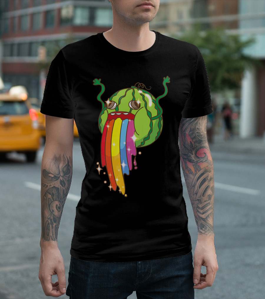 Comic Watermelon Vomits Sparkling Rainbow Streams T-Shirt
