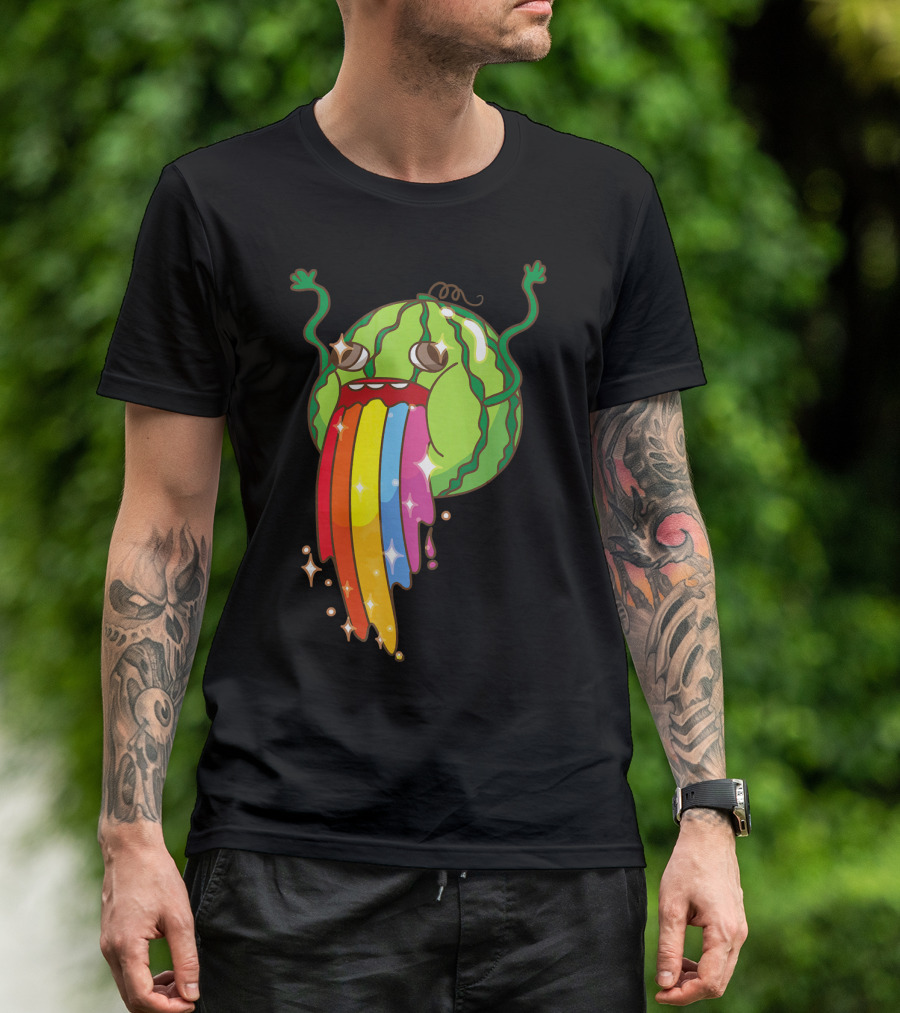 Comic Watermelon Vomits Sparkling Rainbow Streams T-Shirt