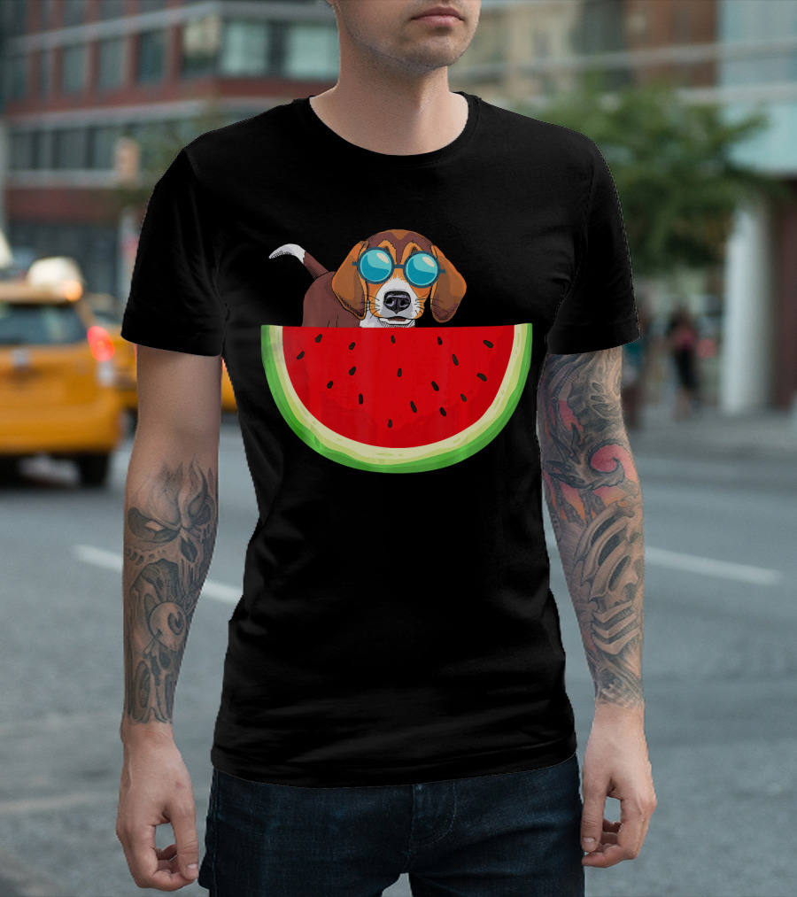 Beagle with Sunglasses and Watermelon Slice T-Shirt