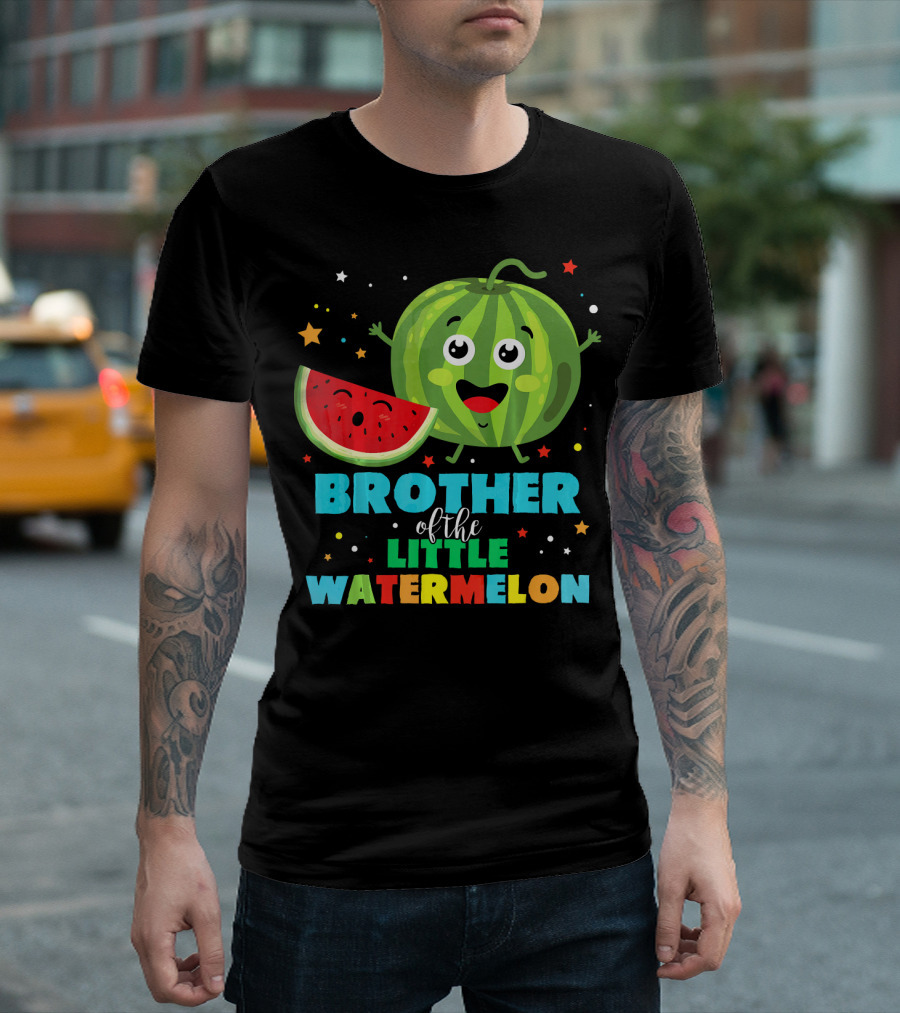 Brother of the Little Watermelon Happy Cartoon Character with Slice and Stars T-Shirt