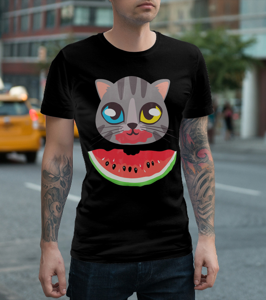 Watermelon Cat Funny Cat with Dual-Colored Eyes and Watermelon Slice T-Shirt
