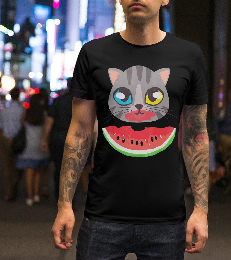 Watermelon Cat Funny Cat With Dual-Colored Eyes And Watermelon Slice T-Shirt
