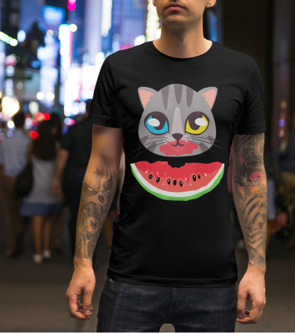 Watermelon Cat Funny Cat With Dual-Colored Eyes And Watermelon Slice T-Shirt