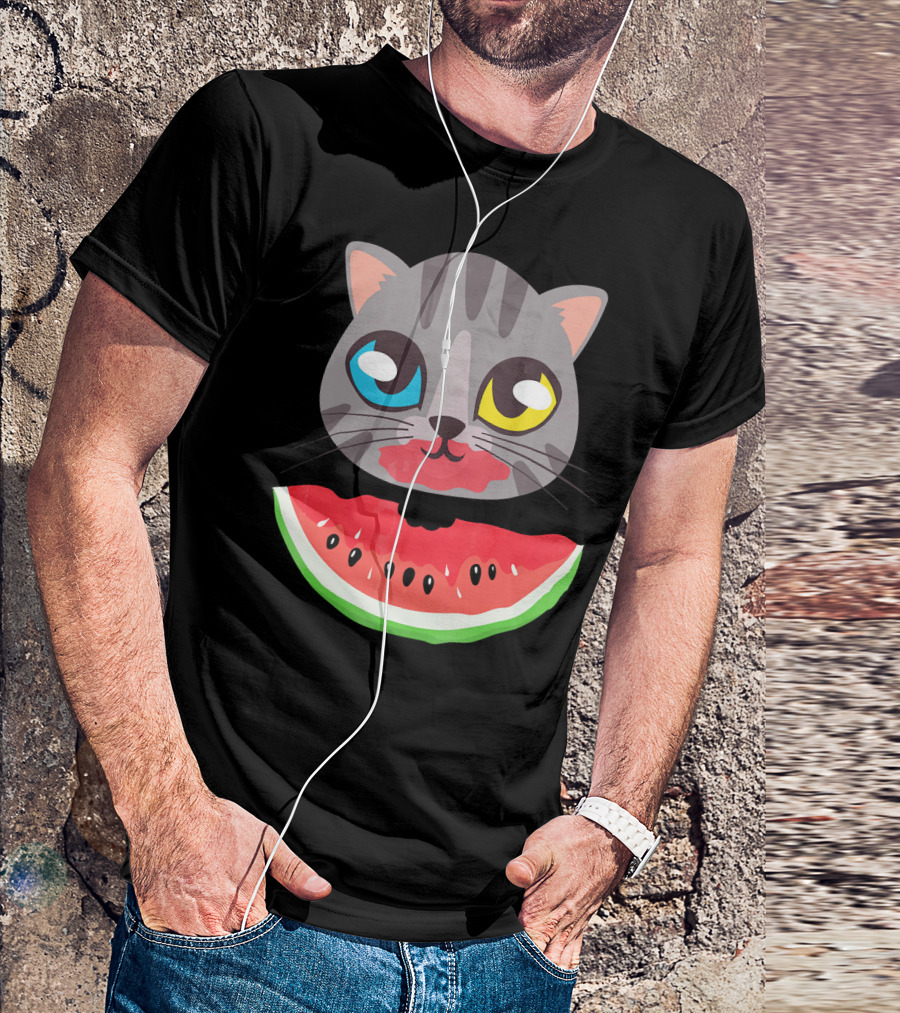 Watermelon Cat Funny Cat With Dual-Colored Eyes And Watermelon Slice T-Shirt