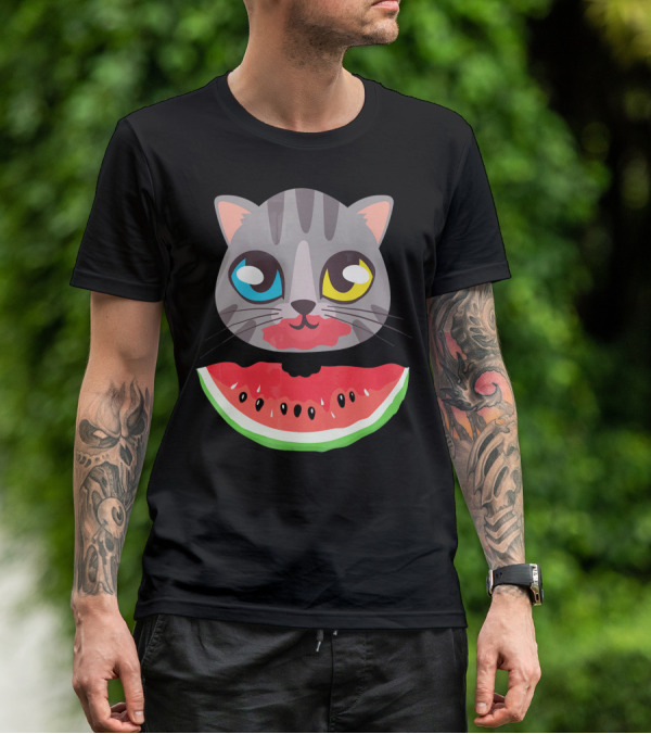 Watermelon Cat Funny Cat With Dual-Colored Eyes And Watermelon Slice T-Shirt
