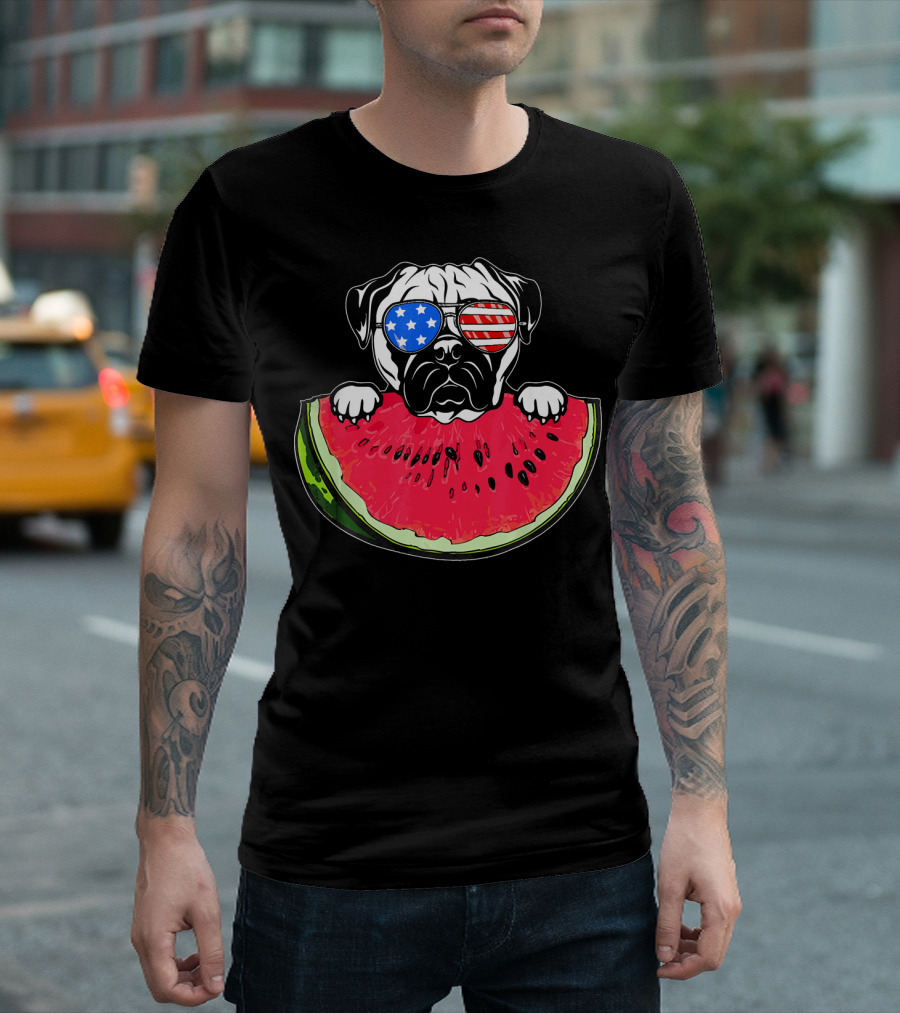 Funny Watermelon Day Pug American Flag Glasses T-Shirt