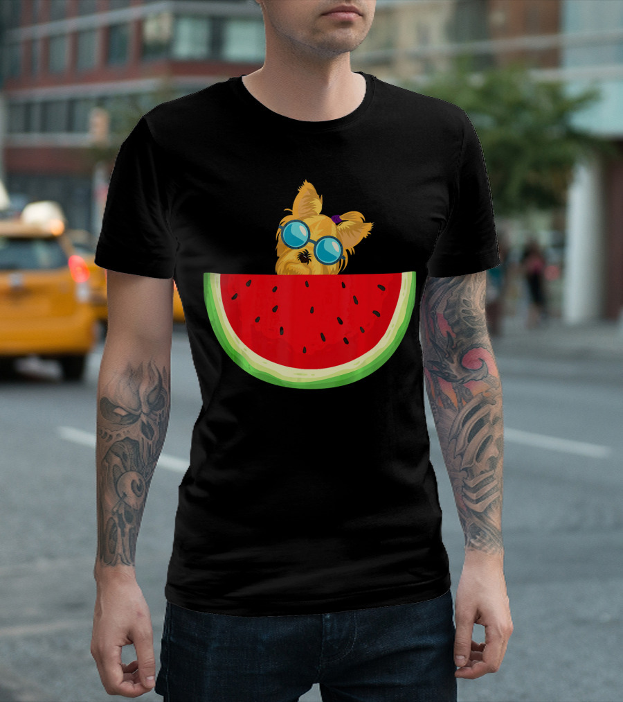 Yorkie Dog With Sunglasses And Watermelon Slice T-Shirt