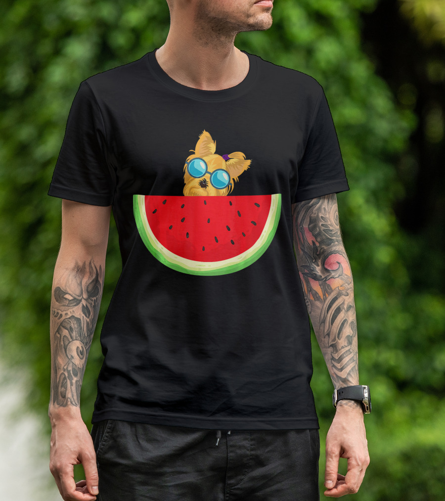 Yorkie Dog With Sunglasses And Watermelon Slice T-Shirt