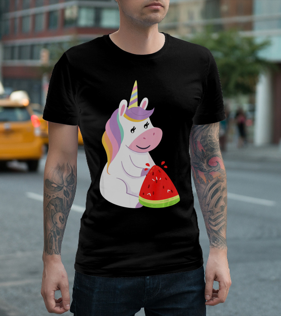 Unicorn Eating Watermelon with Rainbow Mane Novelty T-Shirt