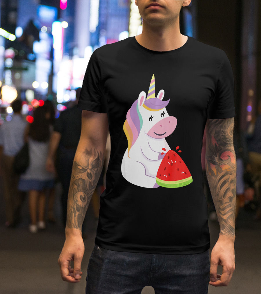 Unicorn Eating Watermelon With Rainbow Mane Novelty T-Shirt