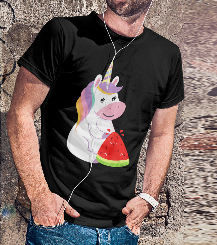 Unicorn Eating Watermelon With Rainbow Mane Novelty T-Shirt