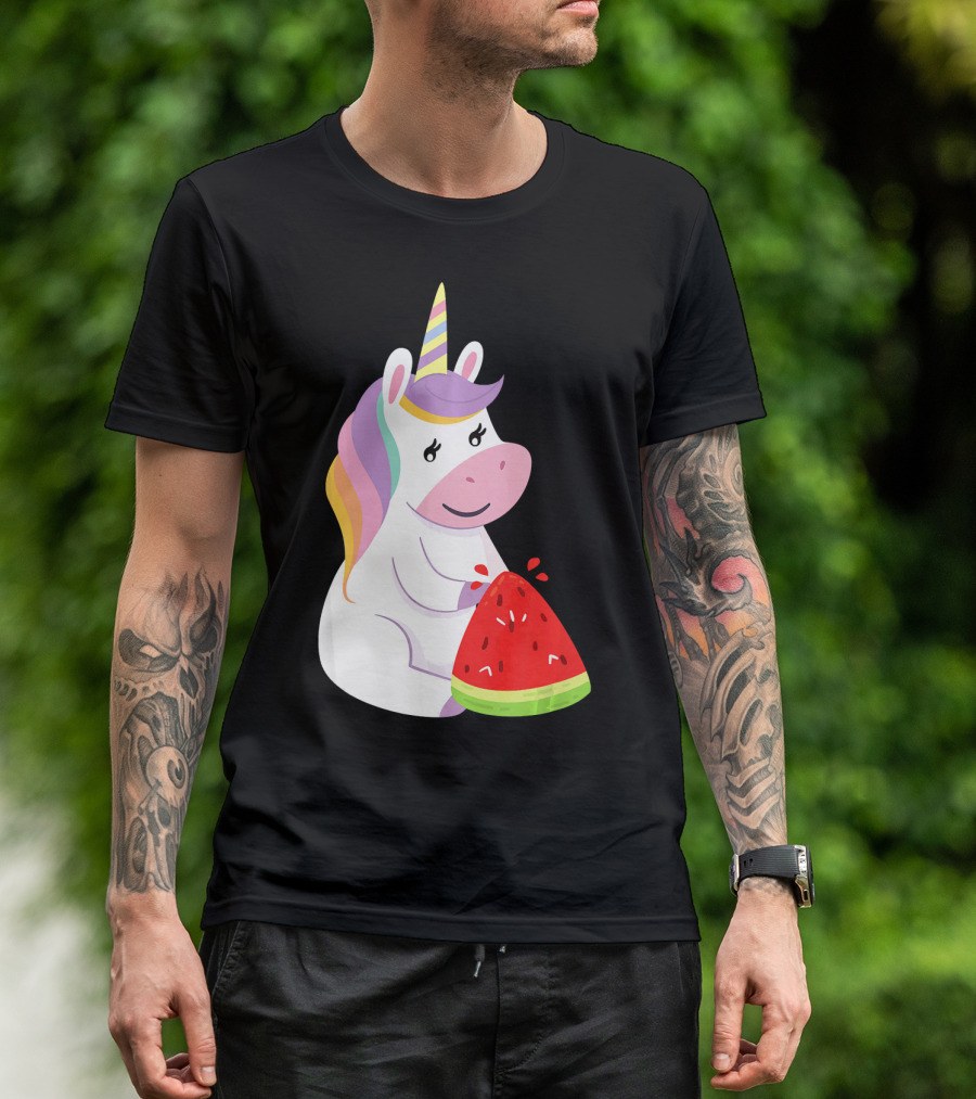 Unicorn Eating Watermelon With Rainbow Mane Novelty T-Shirt