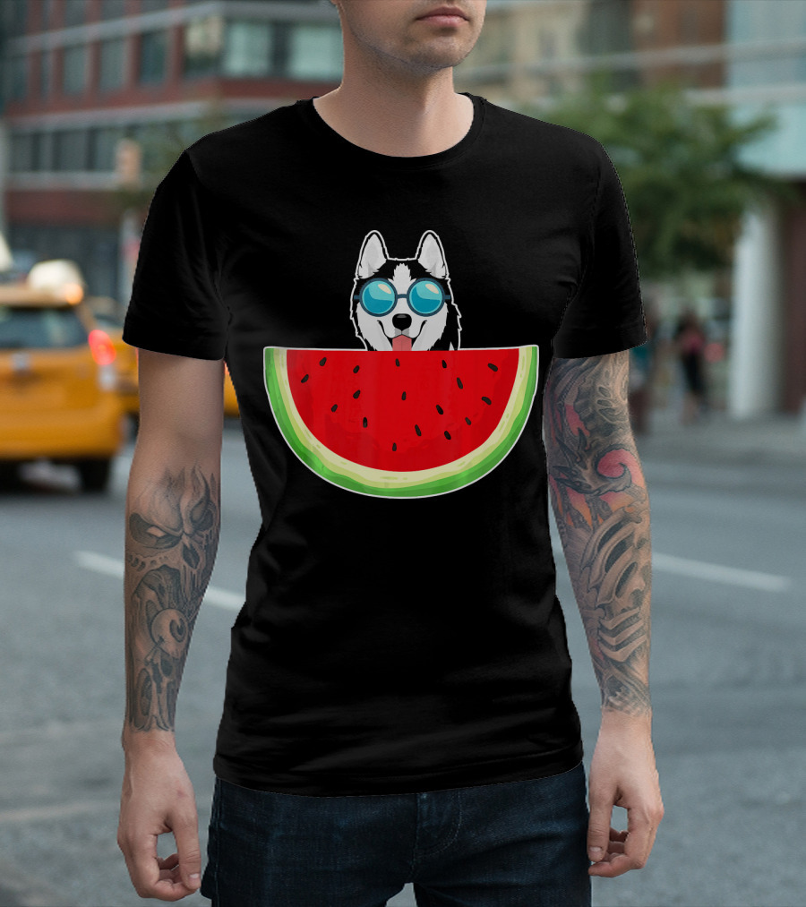 Husky Behind Watermelon With Sunglasses For Women T-Shirt