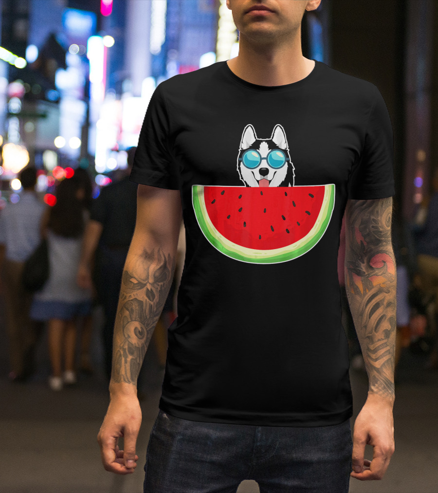 Husky Behind Watermelon With Sunglasses For Women T-Shirt