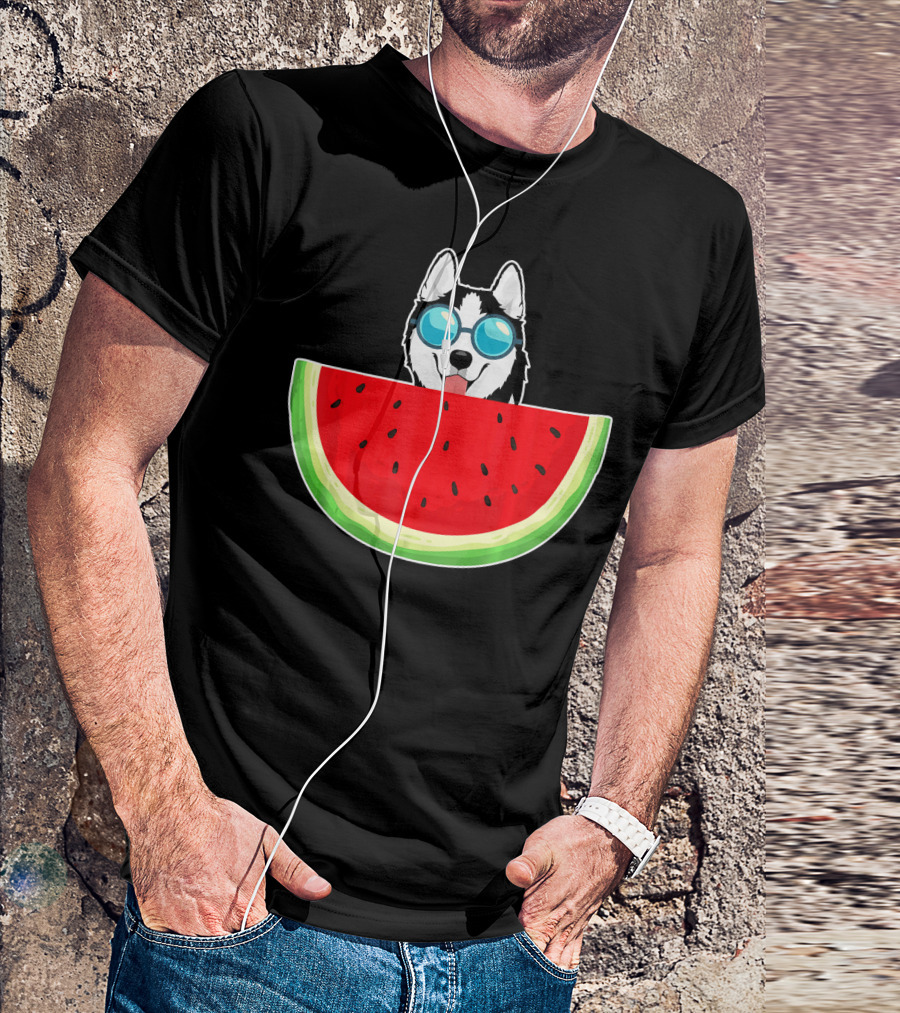 Husky Behind Watermelon With Sunglasses For Women T-Shirt