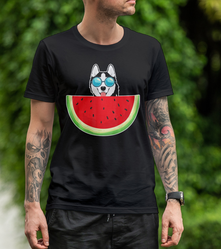 Husky Behind Watermelon With Sunglasses For Women T-Shirt